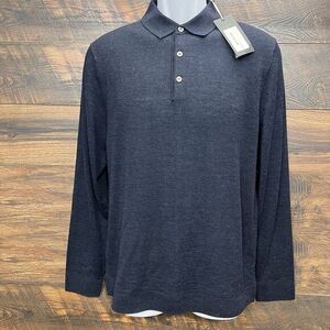 Stitch Note Navy Blue Merino Wool Polo Sweater Quiet Luxury Size Small Cozy Warm